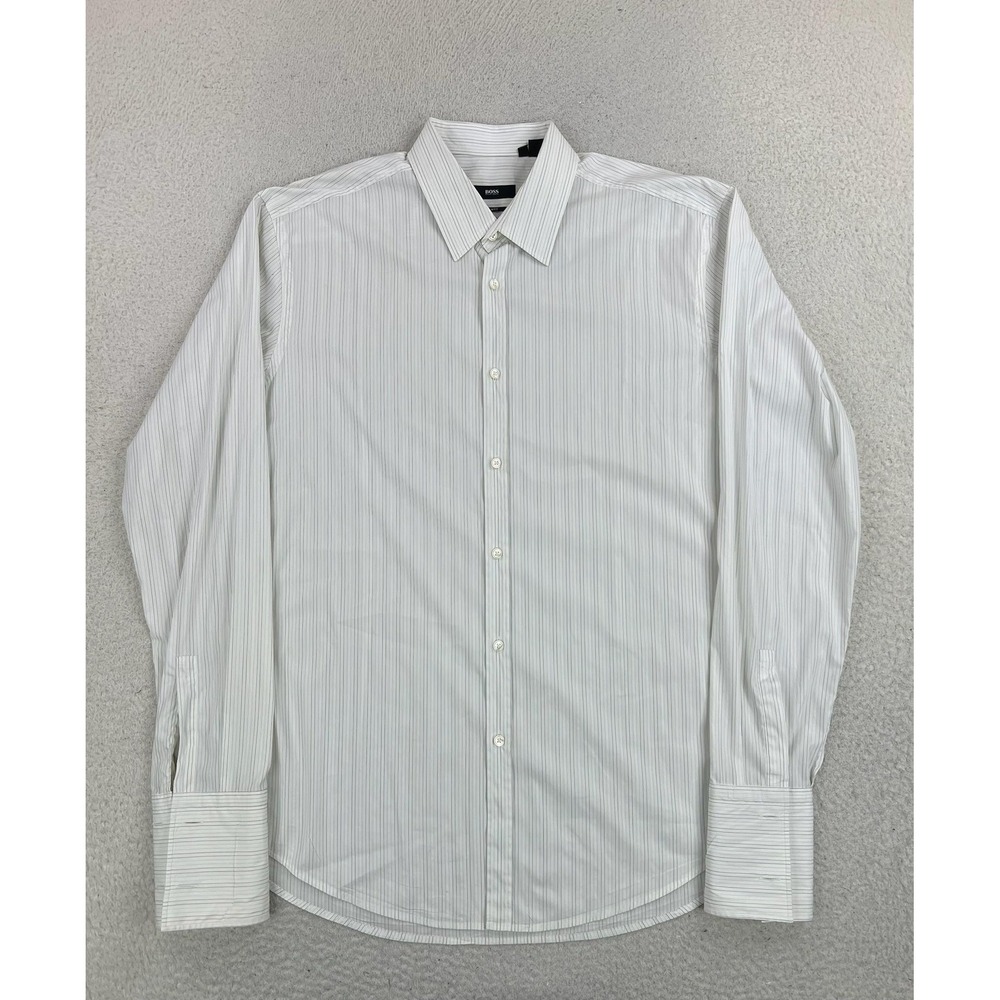 BOSS Hugo Boss Dress Shirt Mens 17 34/35 White Stripe Slim Fit Stretch Cotton LS